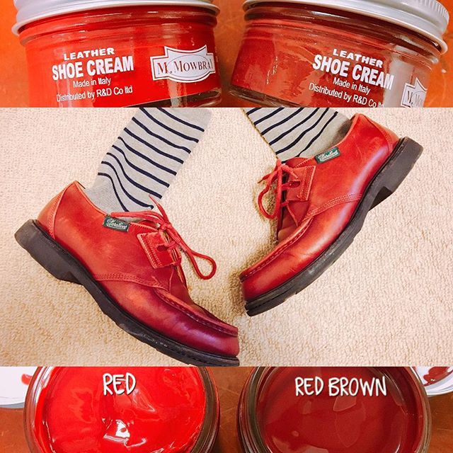赤い靴。まっ赤というより、赤茶の靴クリームが相性よし♡m.mowbrayのシュークリームのレッドブラウンで革靴磨きHP: @shoecaregirls#靴磨き女子部 #バクバクコアラ#paraboot#年季入った革靴#そろそろ色を足さないと#色あせが目立つ頃#靴磨き#革靴手入れ#mowbrayシュークリーム全50色になりました#shoecare#シューケア#シューケア自慢#mowbraymania